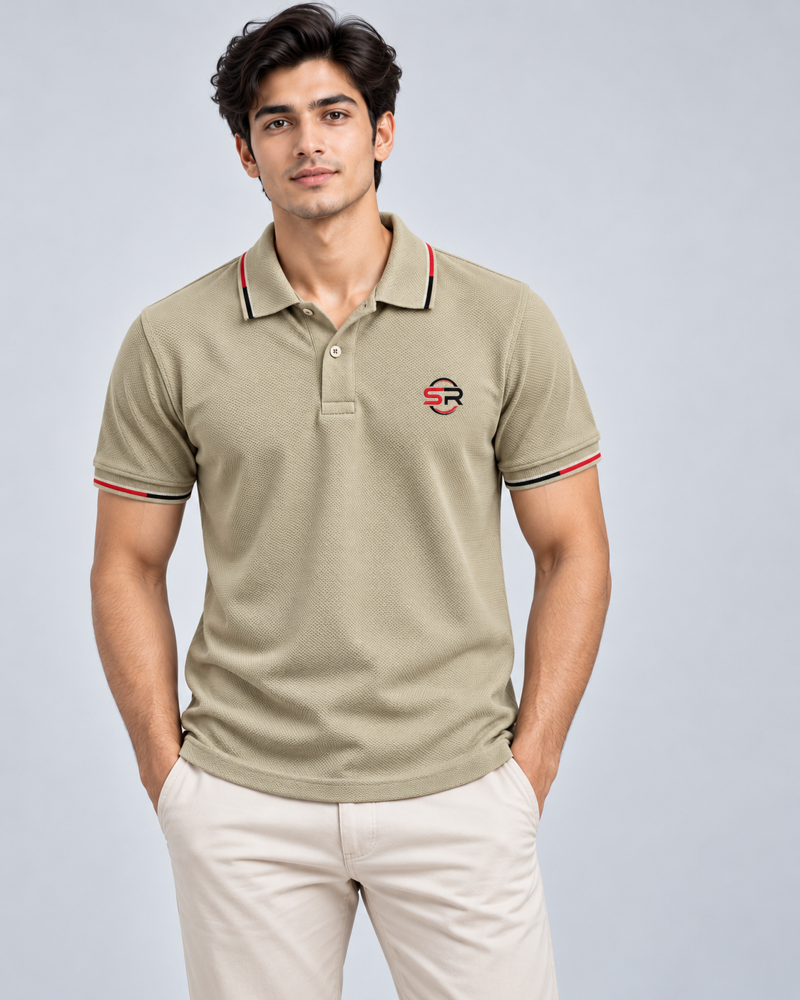 Male model wearing the beige polo with light trousers, showing relaxed regular fit