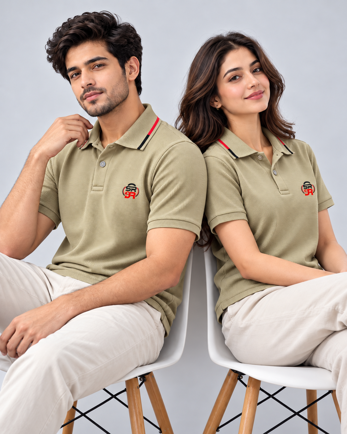 Male and female models seated wearing matching beige polos with striped collars
