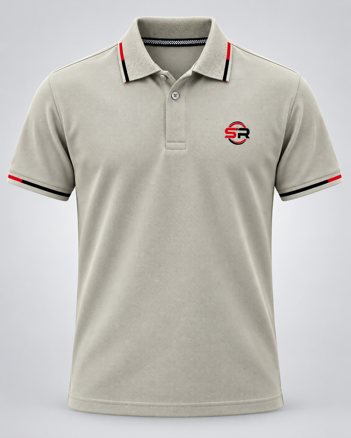 Front view of light grey polo tee with red-black tipped collar and sleeves and SR chest logo