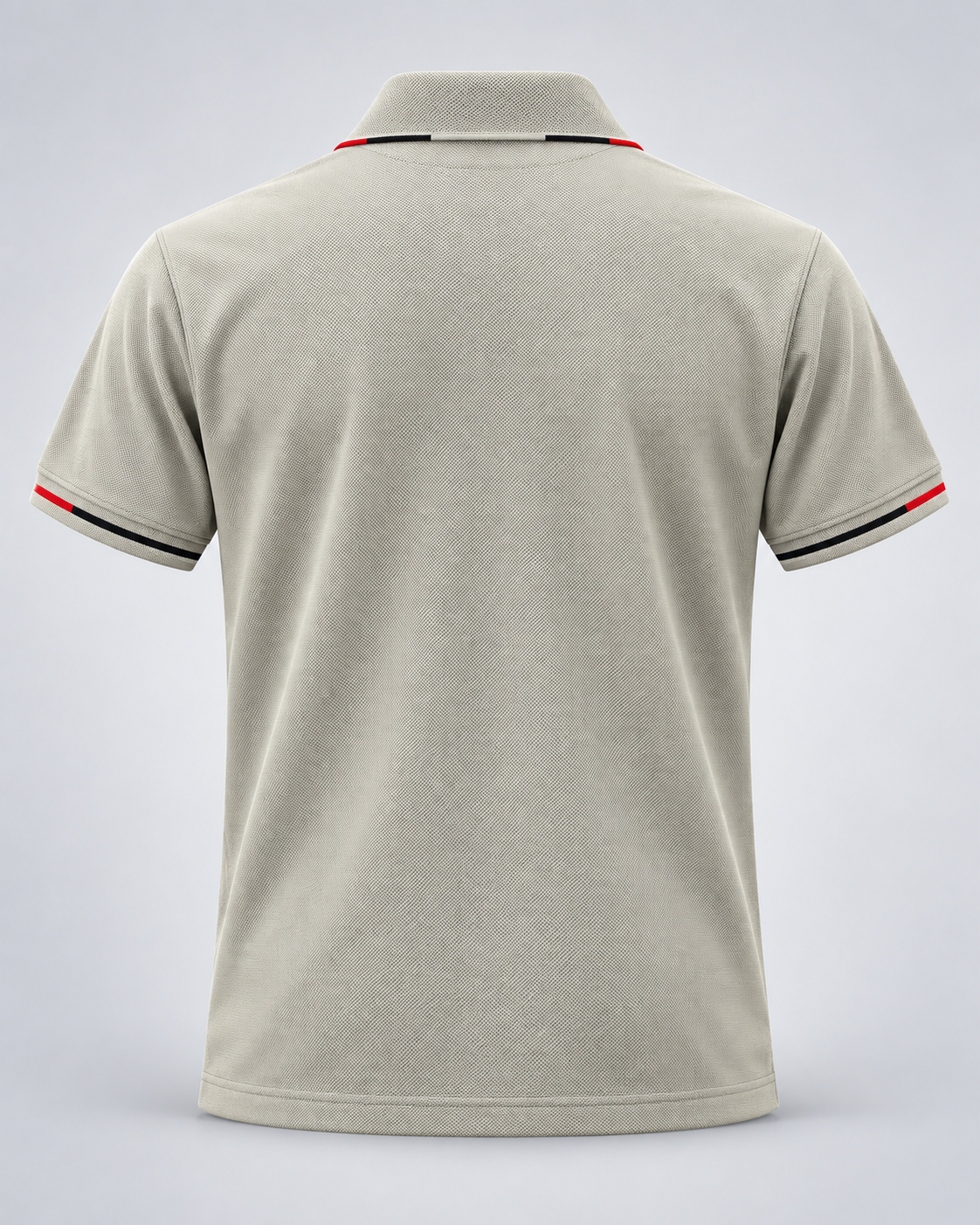 Back view of the light grey polo showing textured fabric and contrast tipping on collar and cuffs