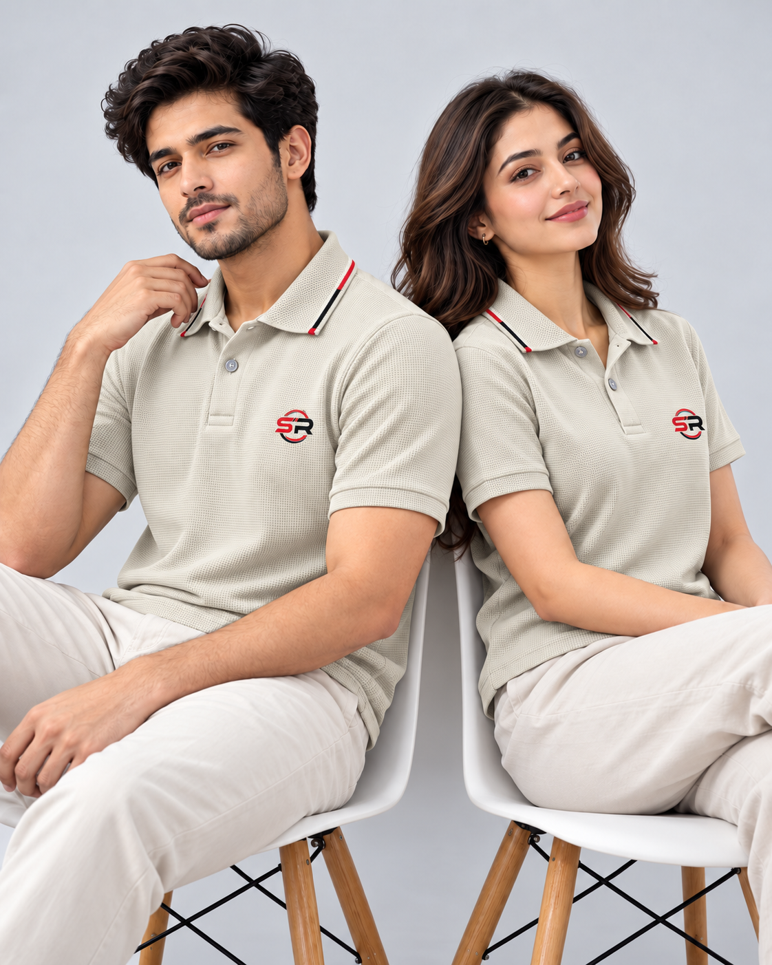 Male and female models seated wearing the matching light grey tipped polo shirts