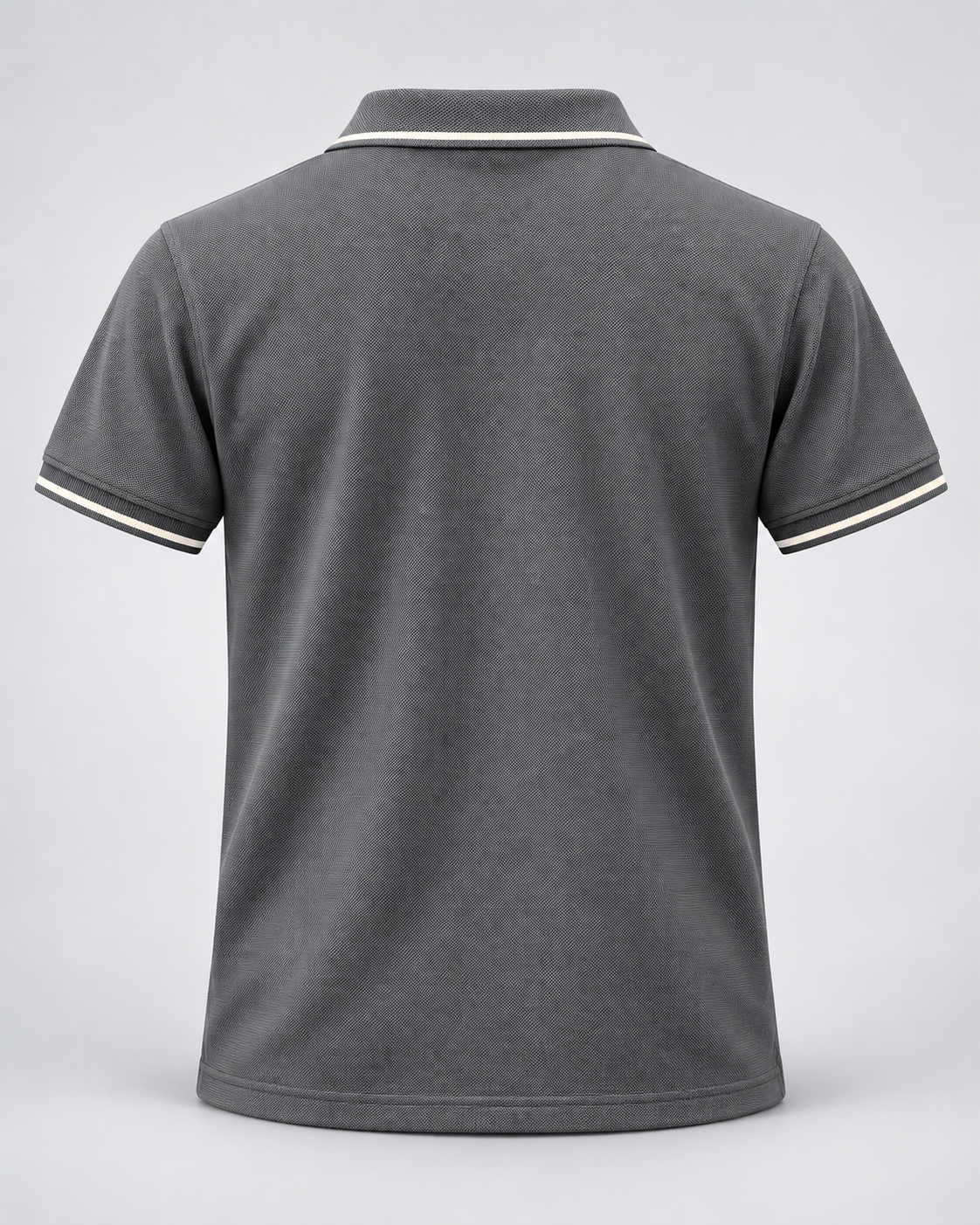 Front view of charcoal grey polo T-shirt with white tipped collar, sleeve bands and SR chest logo
