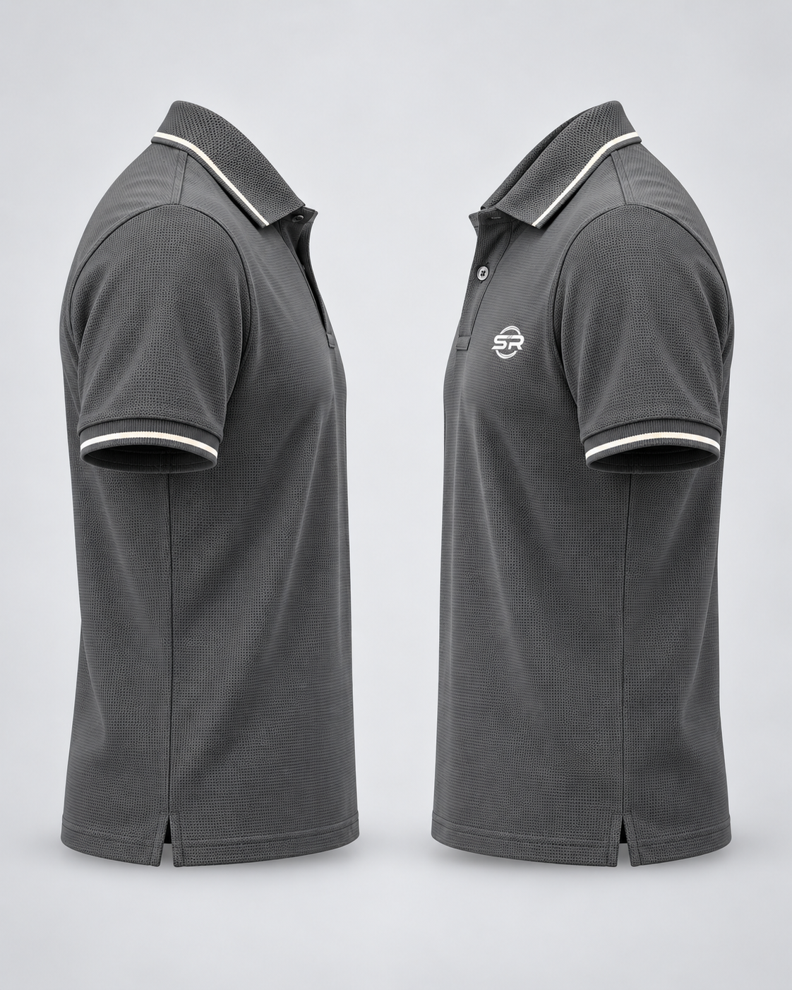 Front view of charcoal grey polo T-shirt with white tipped collar, sleeve bands and SR chest logo