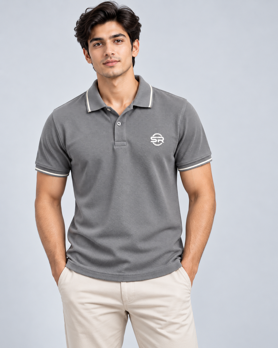 Front view of charcoal grey polo T-shirt with white tipped collar, sleeve bands and SR chest logo