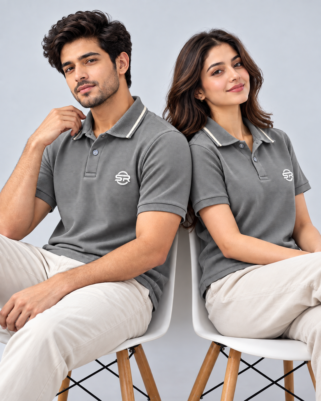 Front view of charcoal grey polo T-shirt with white tipped collar, sleeve bands and SR chest logo