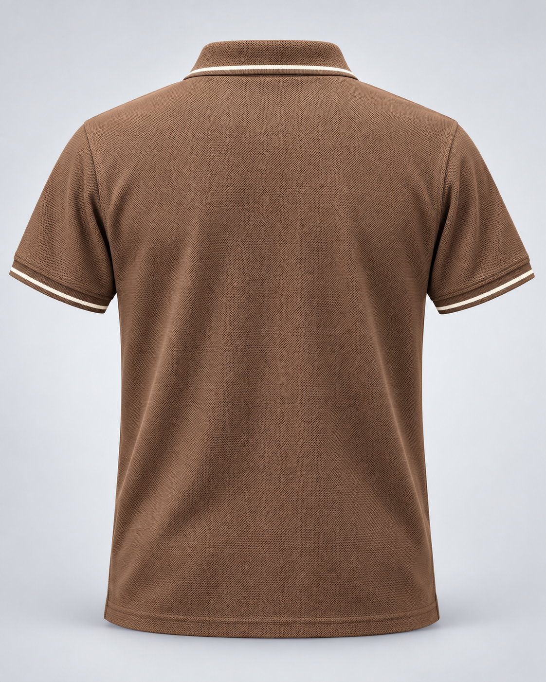 Back view of the brown polo shirt showing textured fabric and white striped collar and sleeve hems