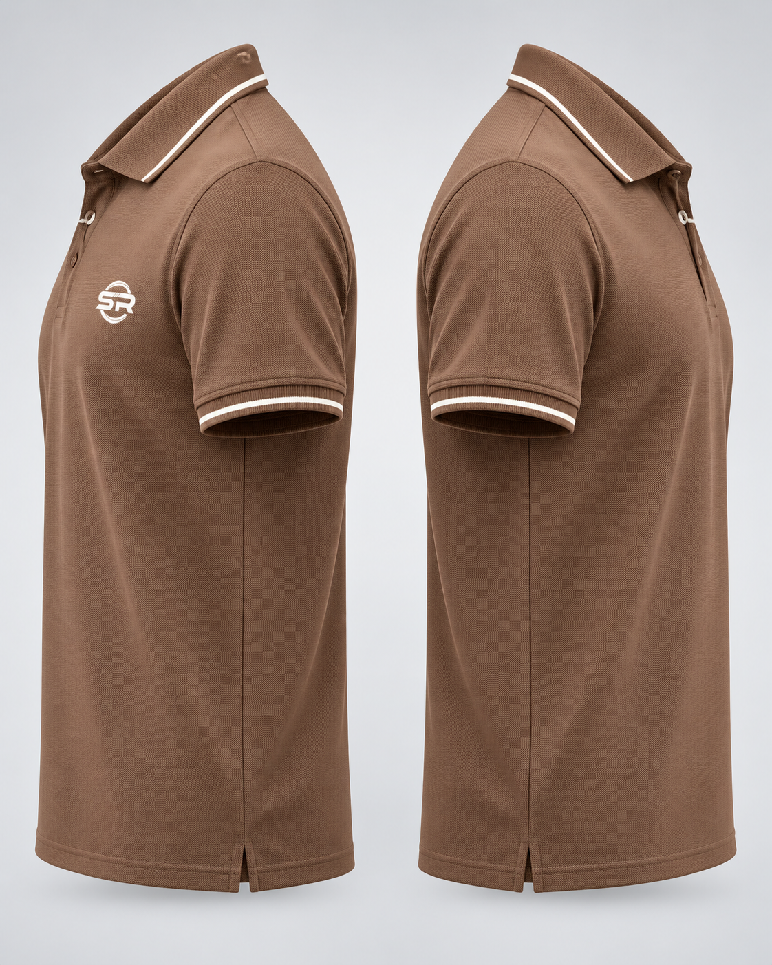 Side profile views of the polo shirt showing sleeve tipping, side slit hem and collar shape
