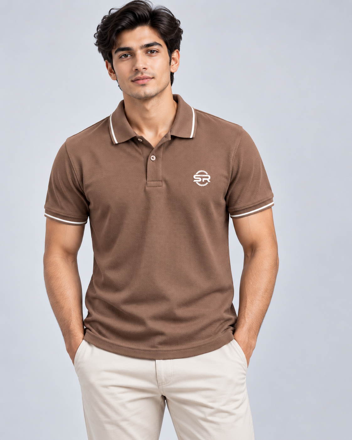 Male model wearing the brown polo with light trousers, showing regular fit and chest logo placement
