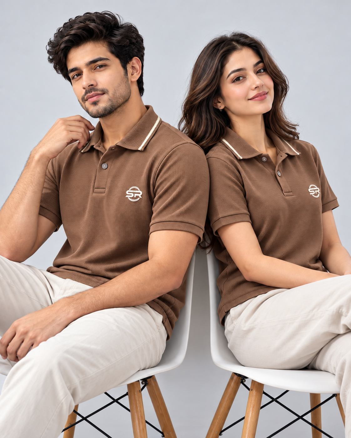 Male and female models seated wearing matching brown polo shirts with contrast tipped collars