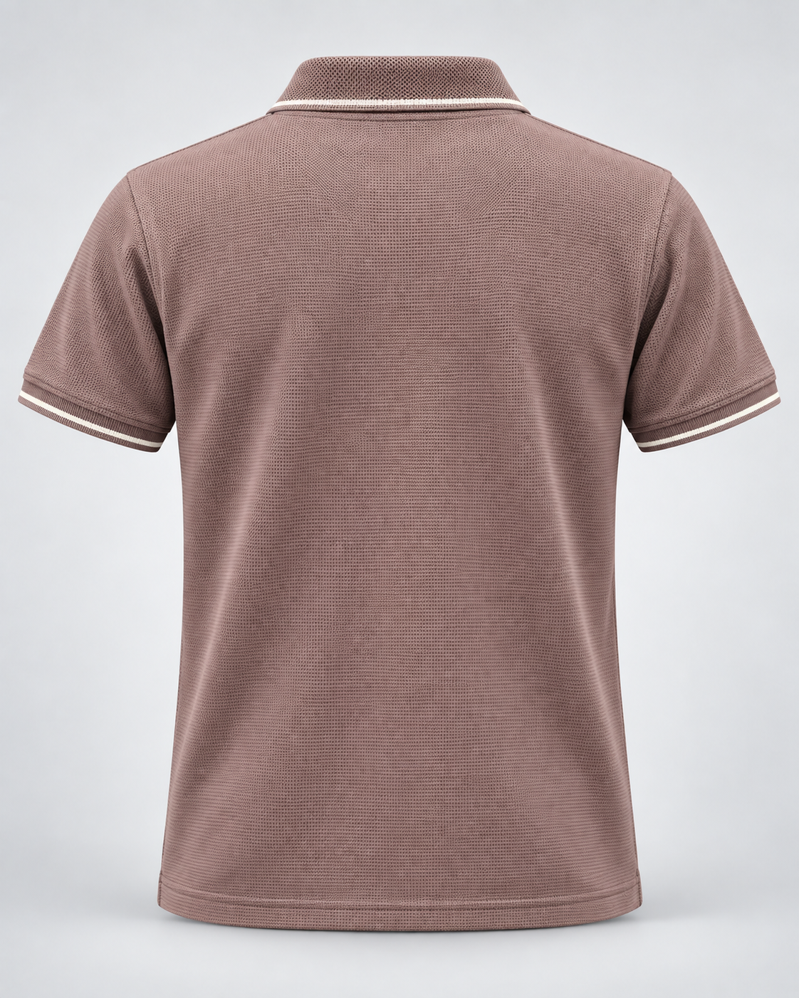 Back view of taupe textured polo shirt showing clean plain rear panel and tipped collar detail