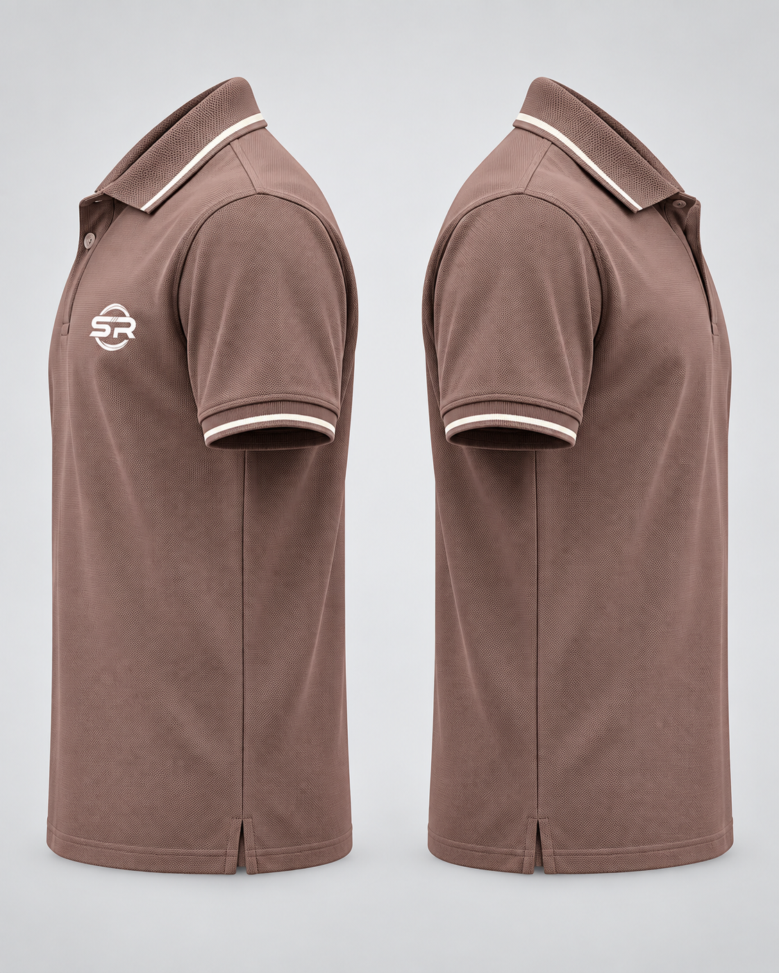 Dual side profile view highlighting the textured fabric, sleeve cuff tipping, and side hem slits