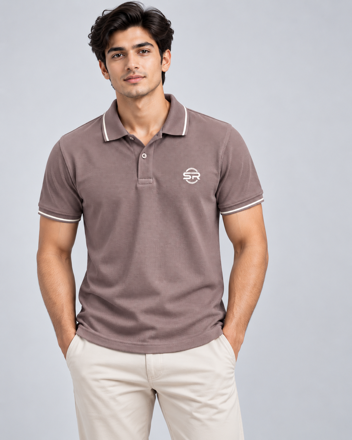 Male model wearing the taupe polo with light trousers, showing regular fit and chest logo placement