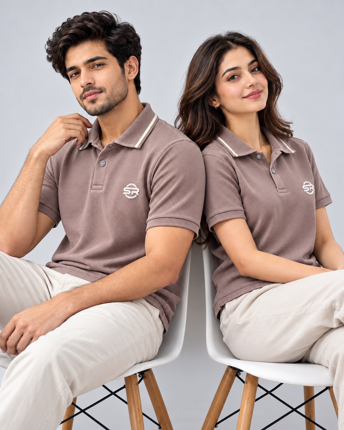 Coordinated his-and-hers styling shot of the taupe textured polo worn while seated on white chairs