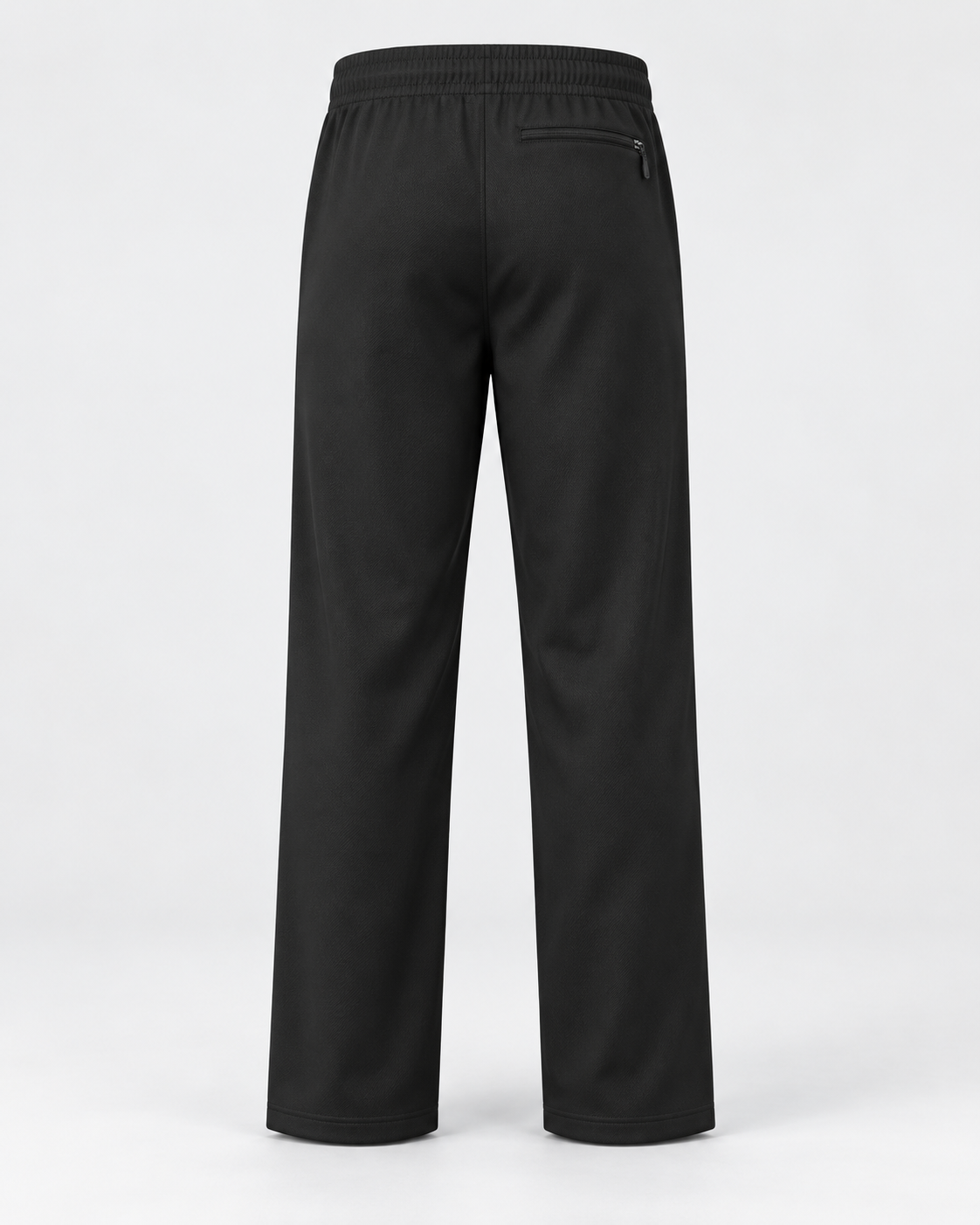 Back view of black track pants showing elastic waistband and a zip pocket on the upper right back