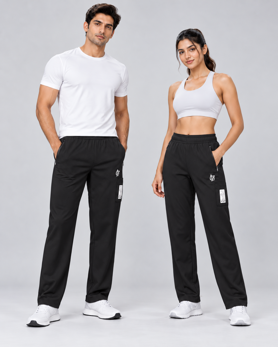 Male and female models wearing the black track pants standing with white sneakers