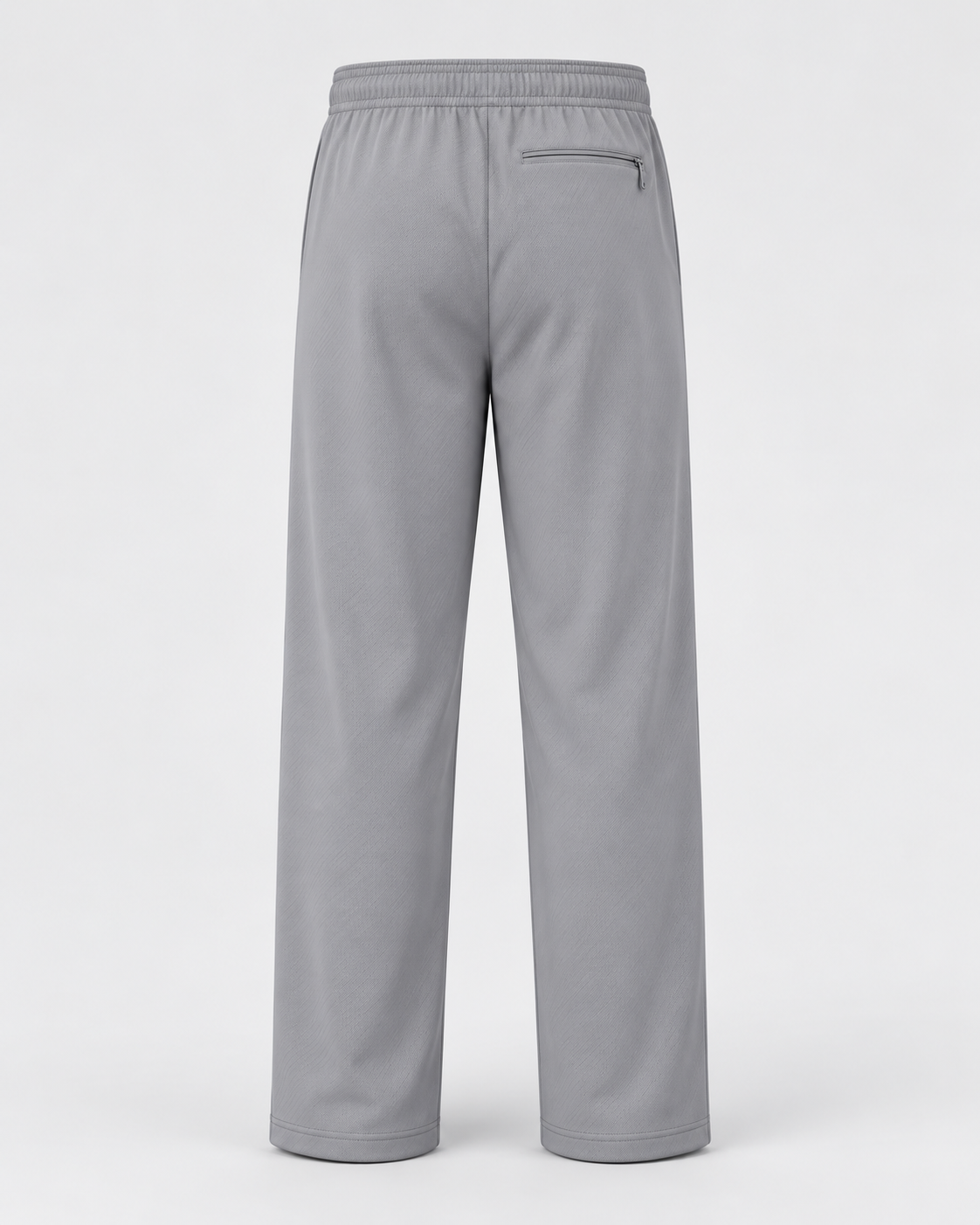 Back view of grey track pants showing elastic waistband and single zip pocket
