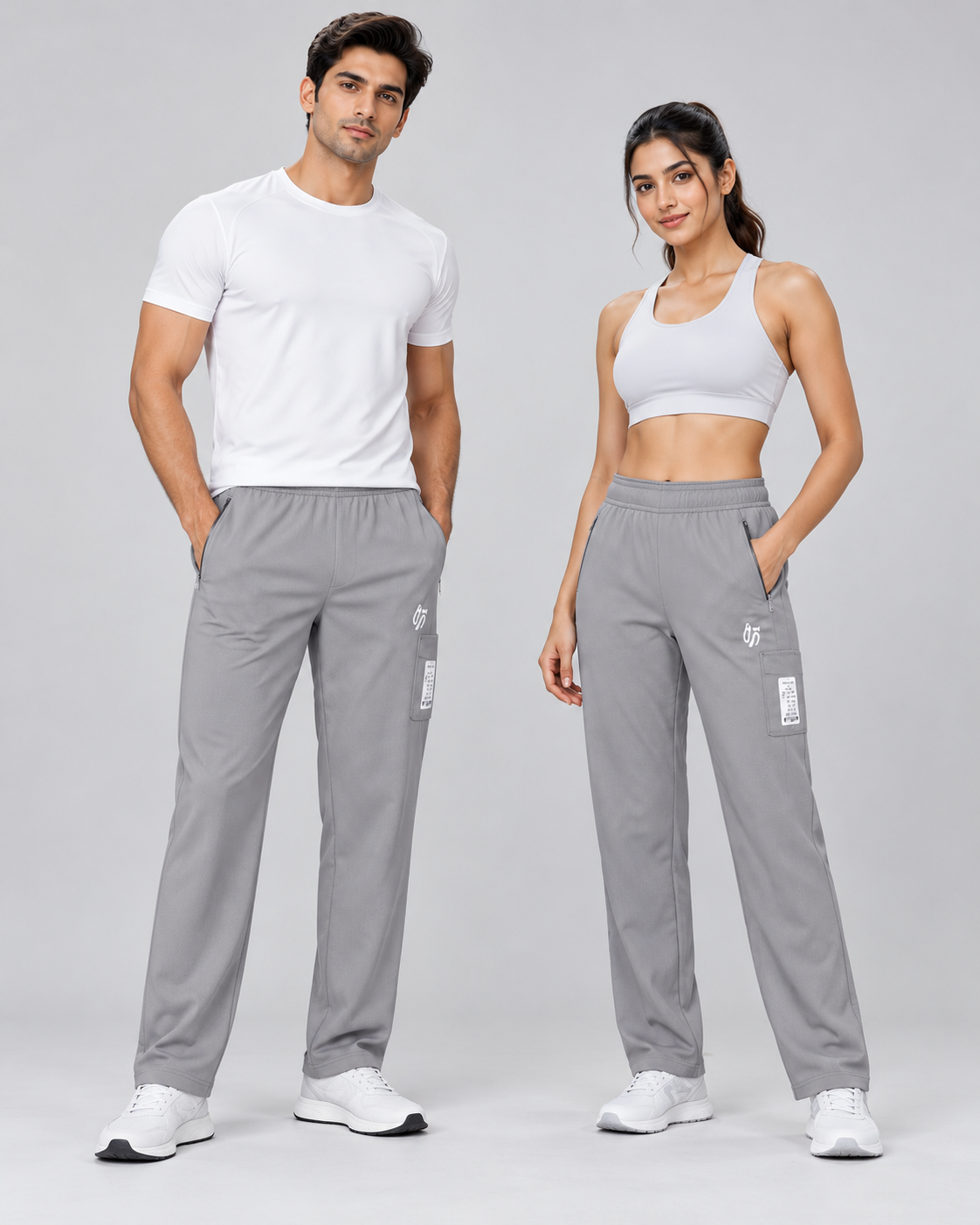 Male and female models wearing the grey track pants in a standing lifestyle view
