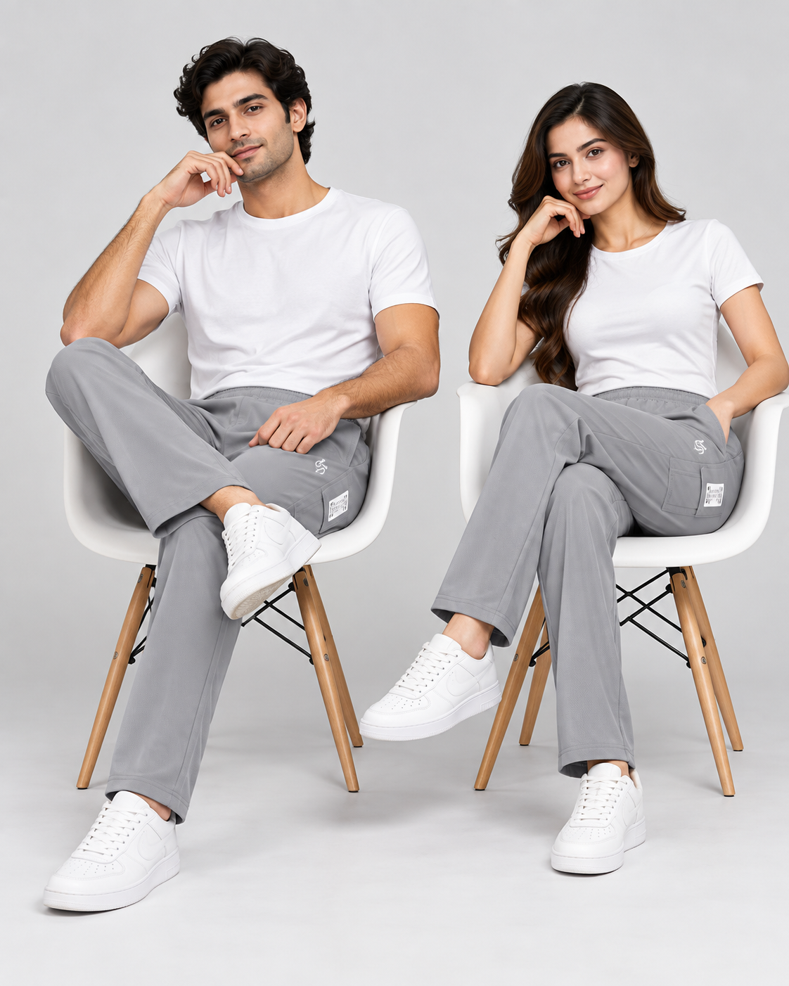 Male and female models seated in grey track pants showing relaxed fit and straight hems