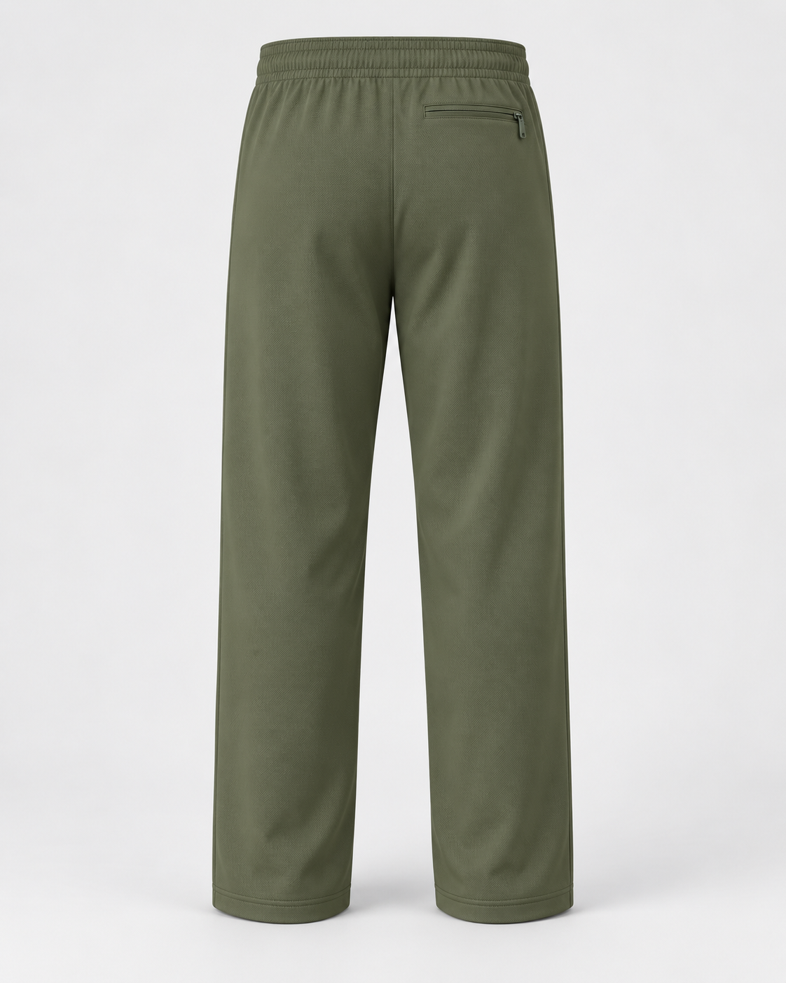 Back view of olive green track pants showing elastic waist and a single rear zip pocket