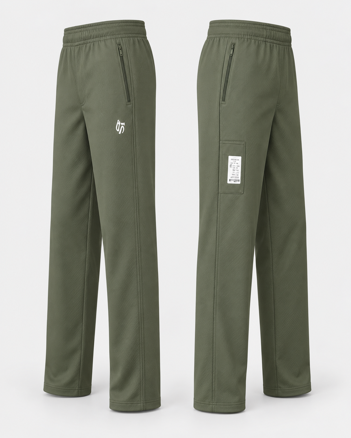 Angled front and side views highlighting zip pockets, straight legs and side patch pocket detail