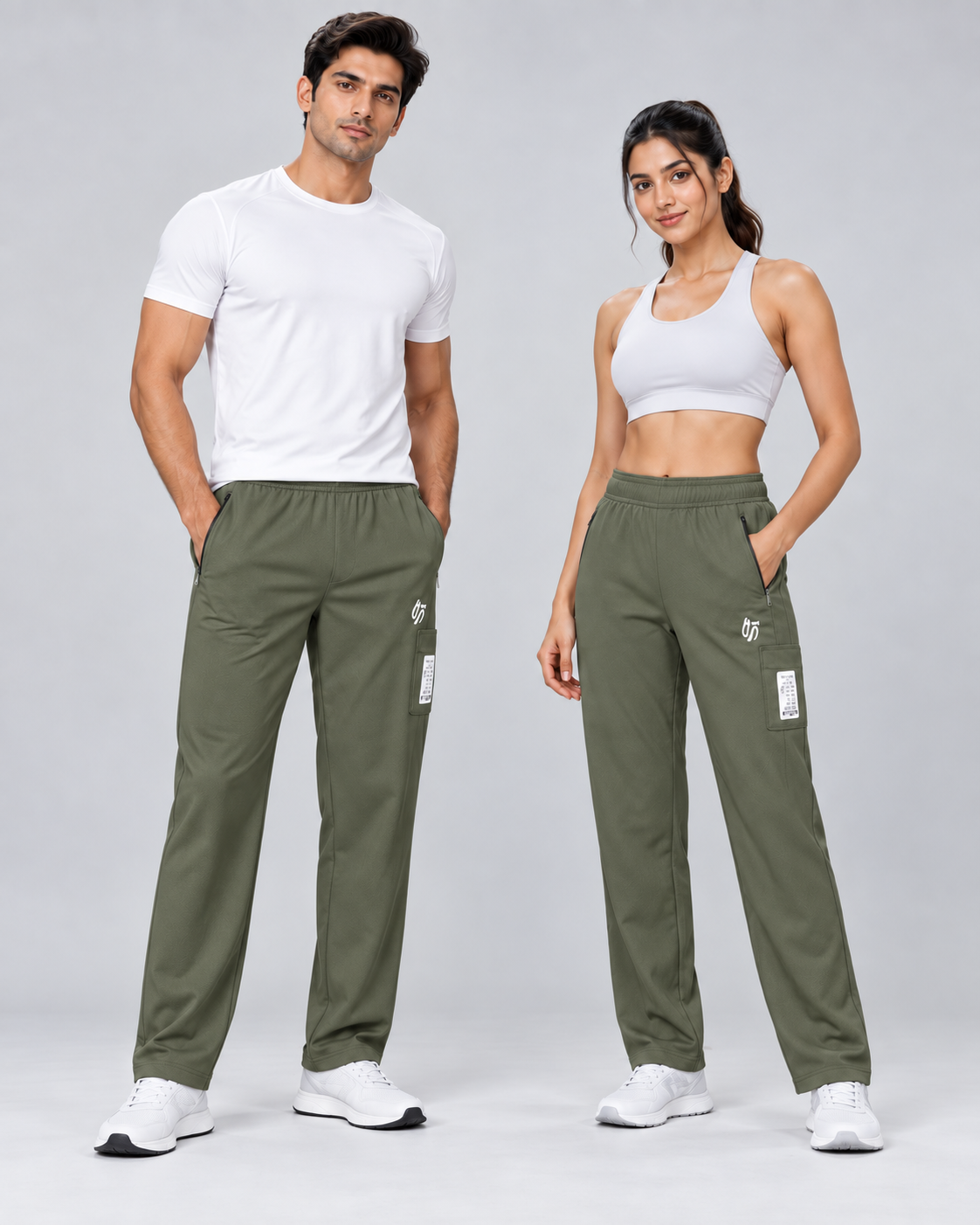 Male and female models wearing the olive green track pants with white athletic tops and sneakers