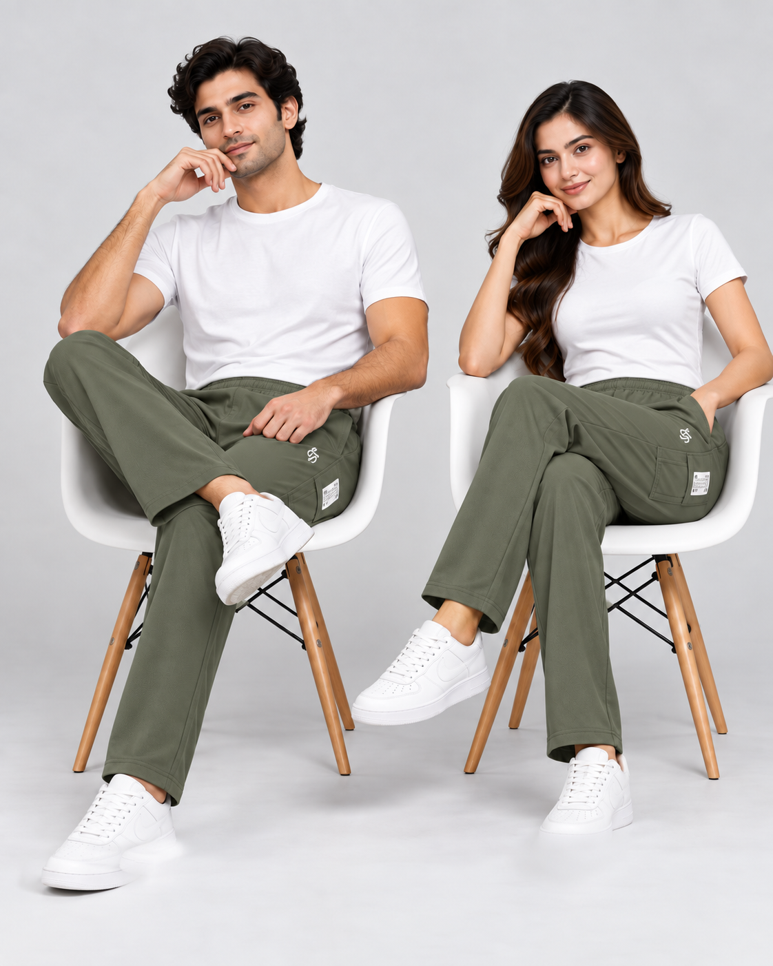 Seated styling view of the olive green pants showing relaxed drape and side pocket branding detail