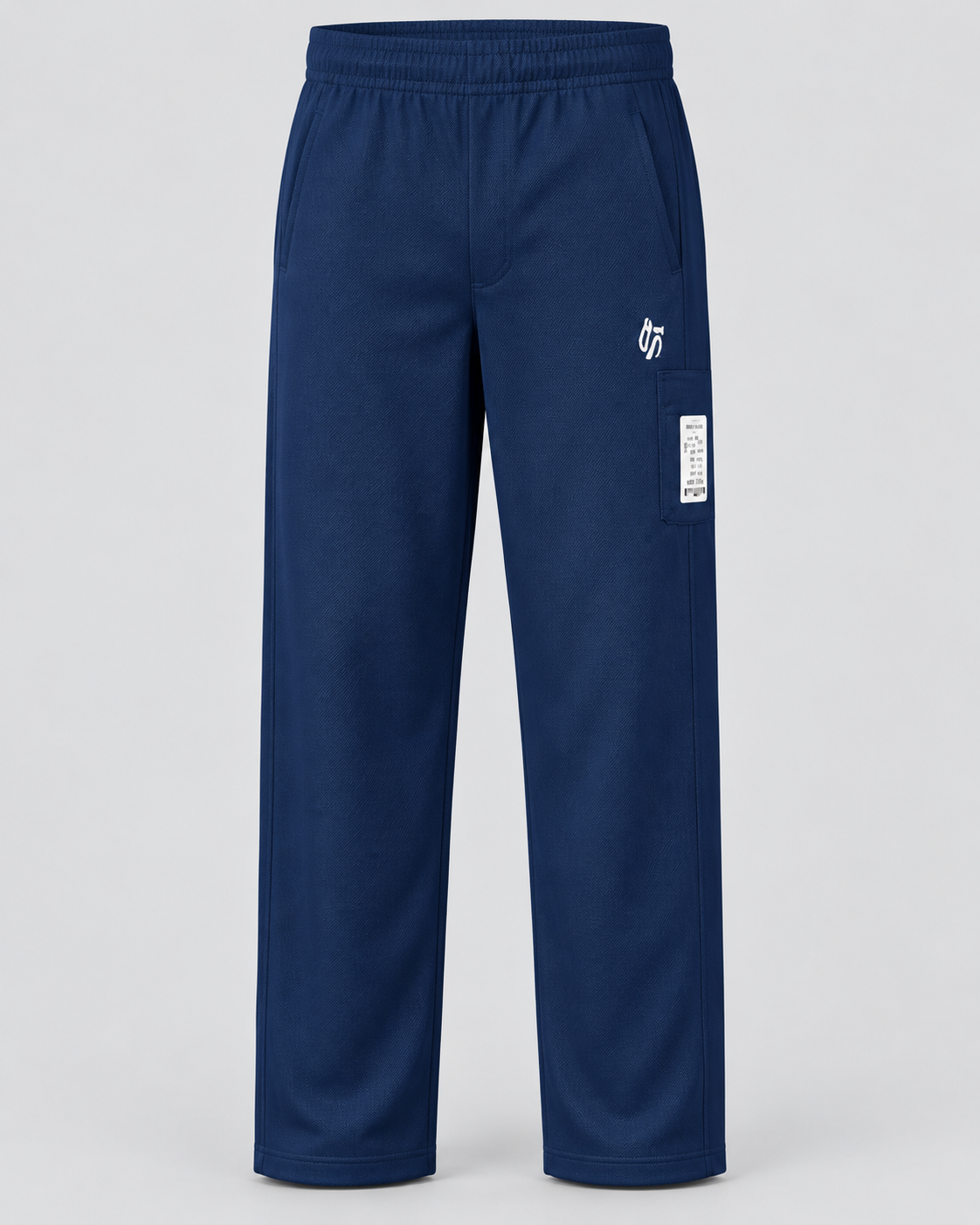 Front view of navy straight-leg track pants with elastic waist, side pockets and flap cargo pocket detail