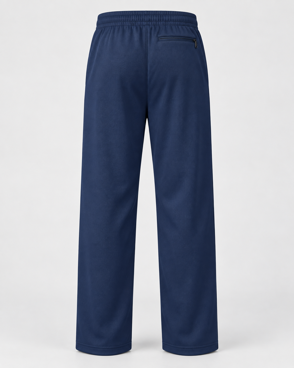 Back view of navy track pants showing elastic waistband and a single zip pocket on the right rear