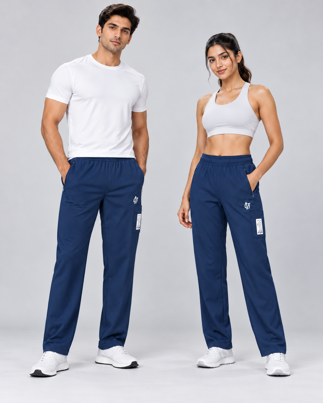 Male and female models wearing the navy track pants standing, showing fit and full-length drape