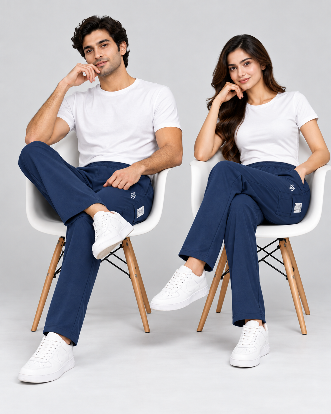 Male and female models seated in navy track pants, highlighting relaxed fit and side pocket placement