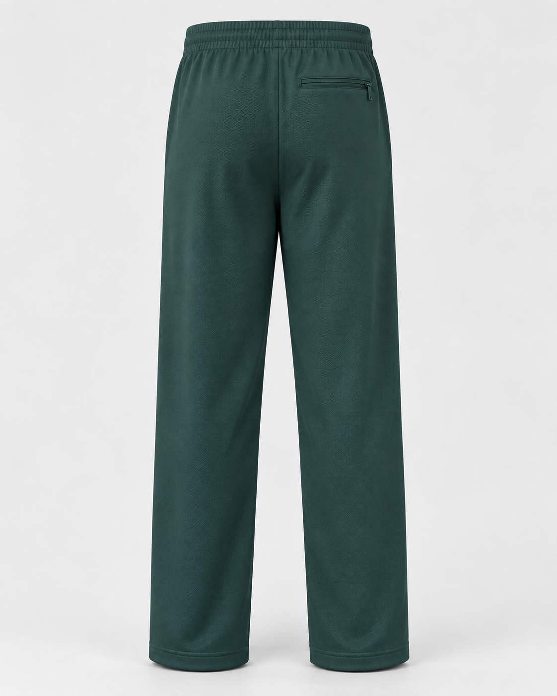 Back view showing dark green track pants with elastic waistband and single zip back pocket