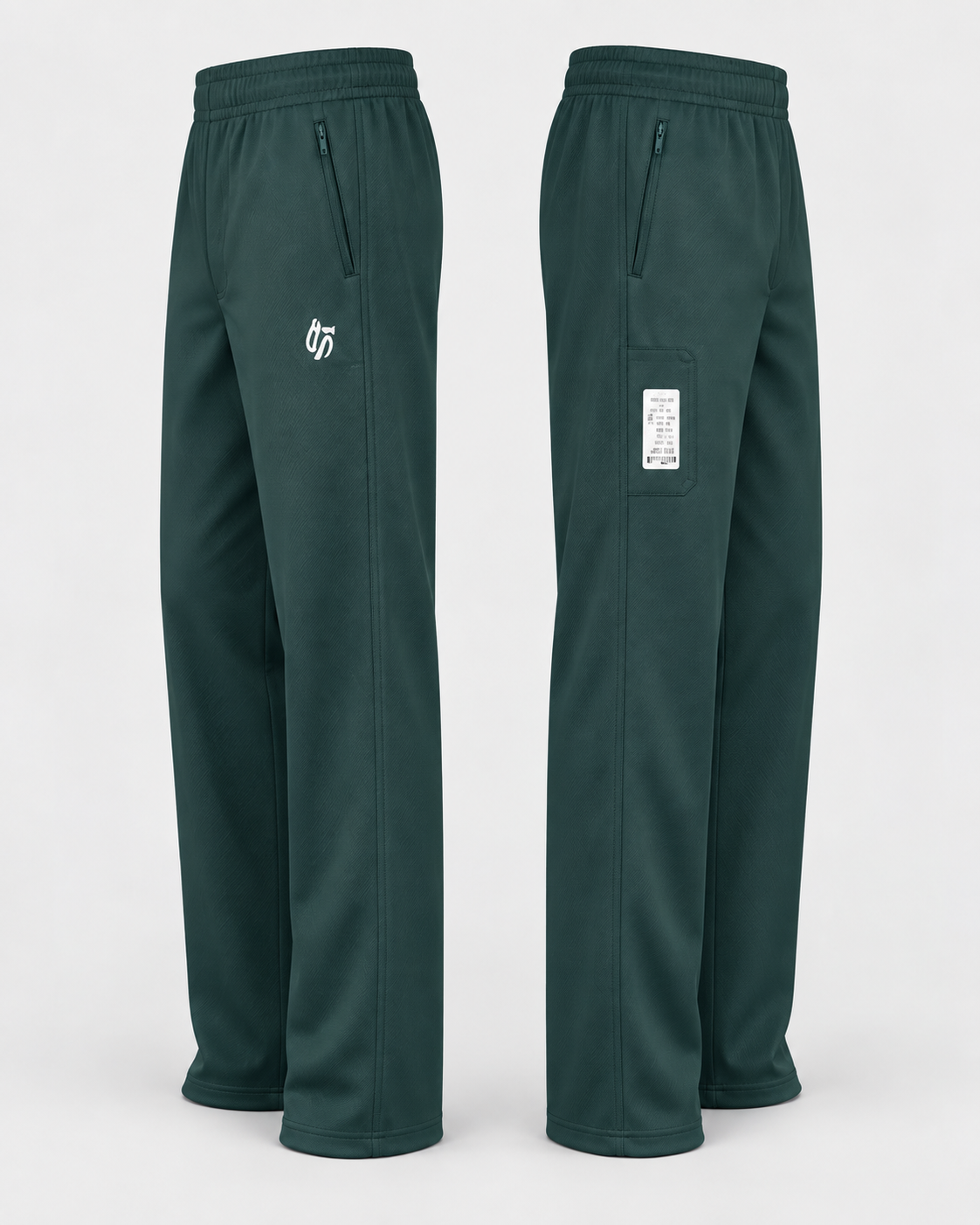 Angled side views highlighting zip hand pocket, logo print and utility pocket with label
