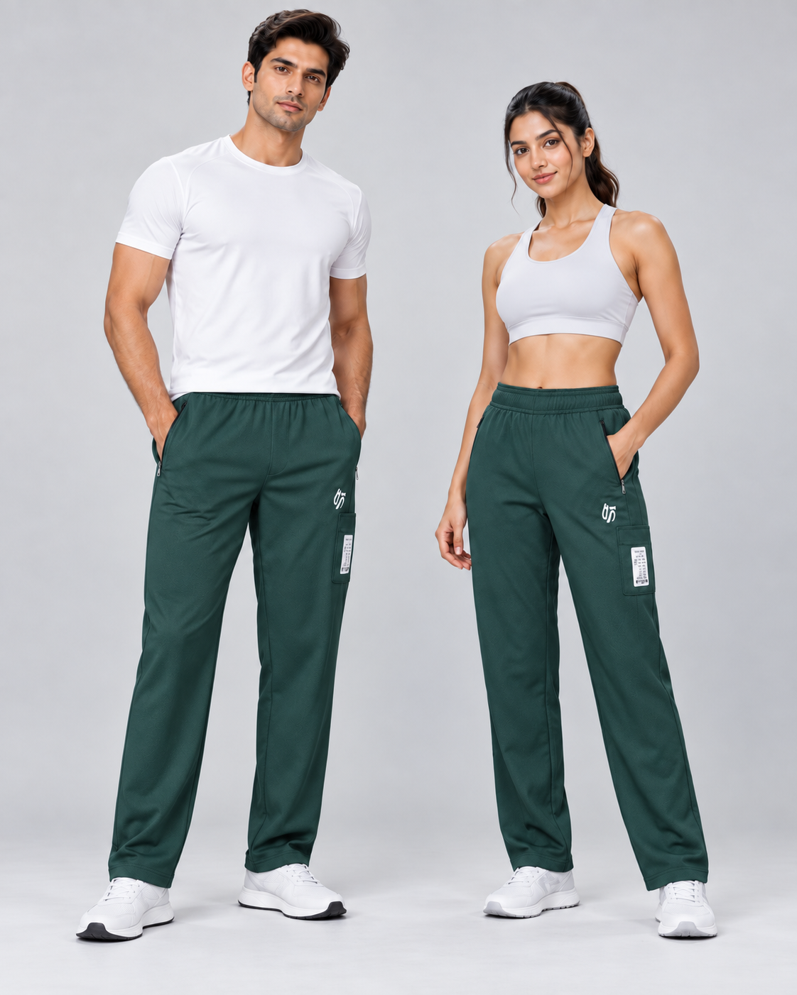 Male and female models wearing the dark green track pants with white athletic tops and sneakers