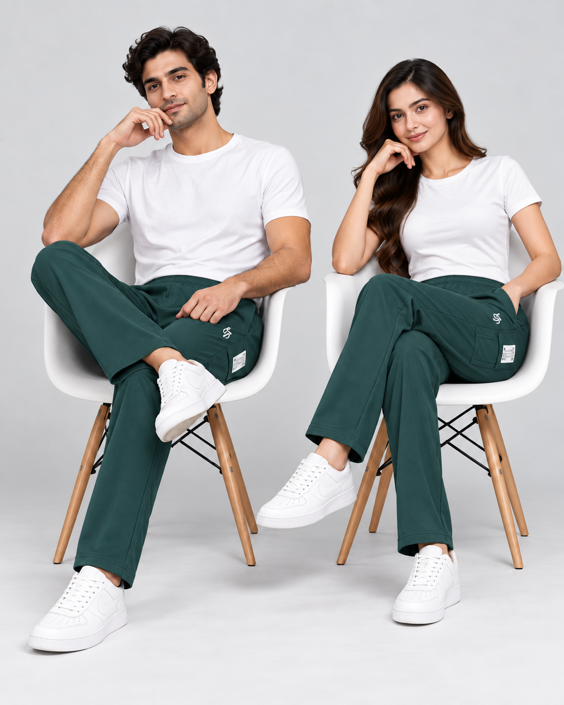 Seated styling view of the dark green pants showing straight legs and side utility pocket