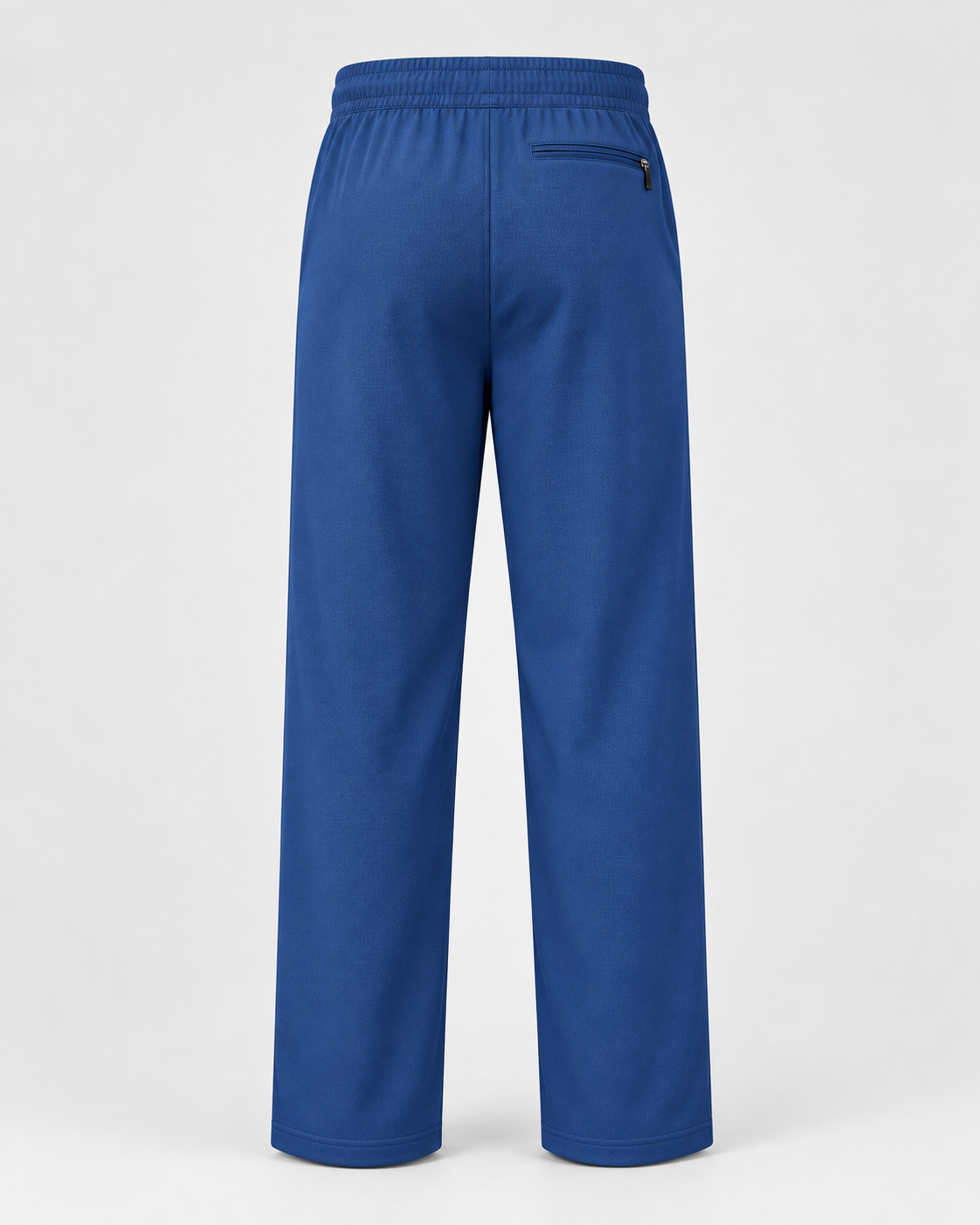 Back view of blue track pants showing elastic waist and a single zip pocket
