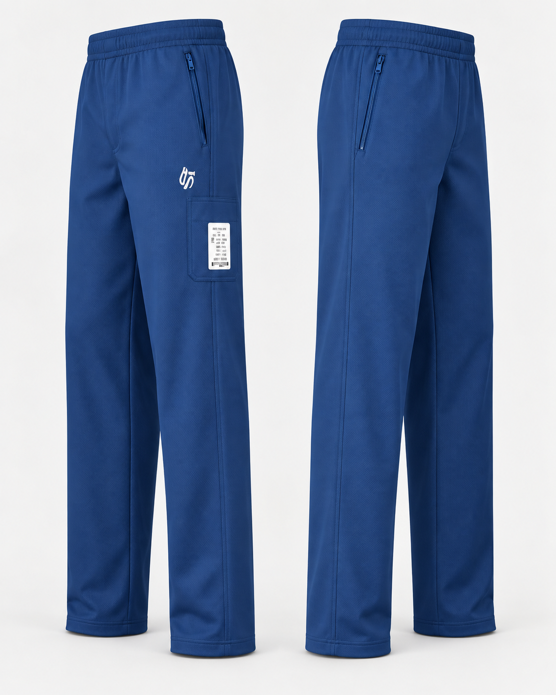 Angled front and back views highlighting zip pockets, straight legs and side patch pocket