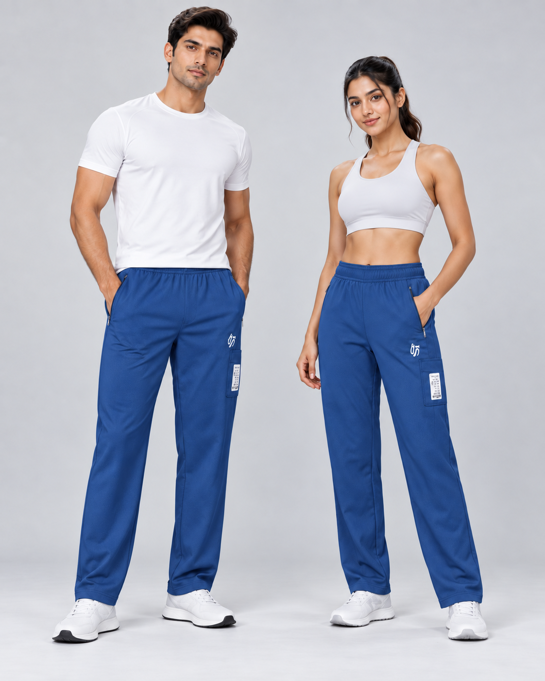 Male and female models wearing the blue track pants with white athletic tops and sneakers