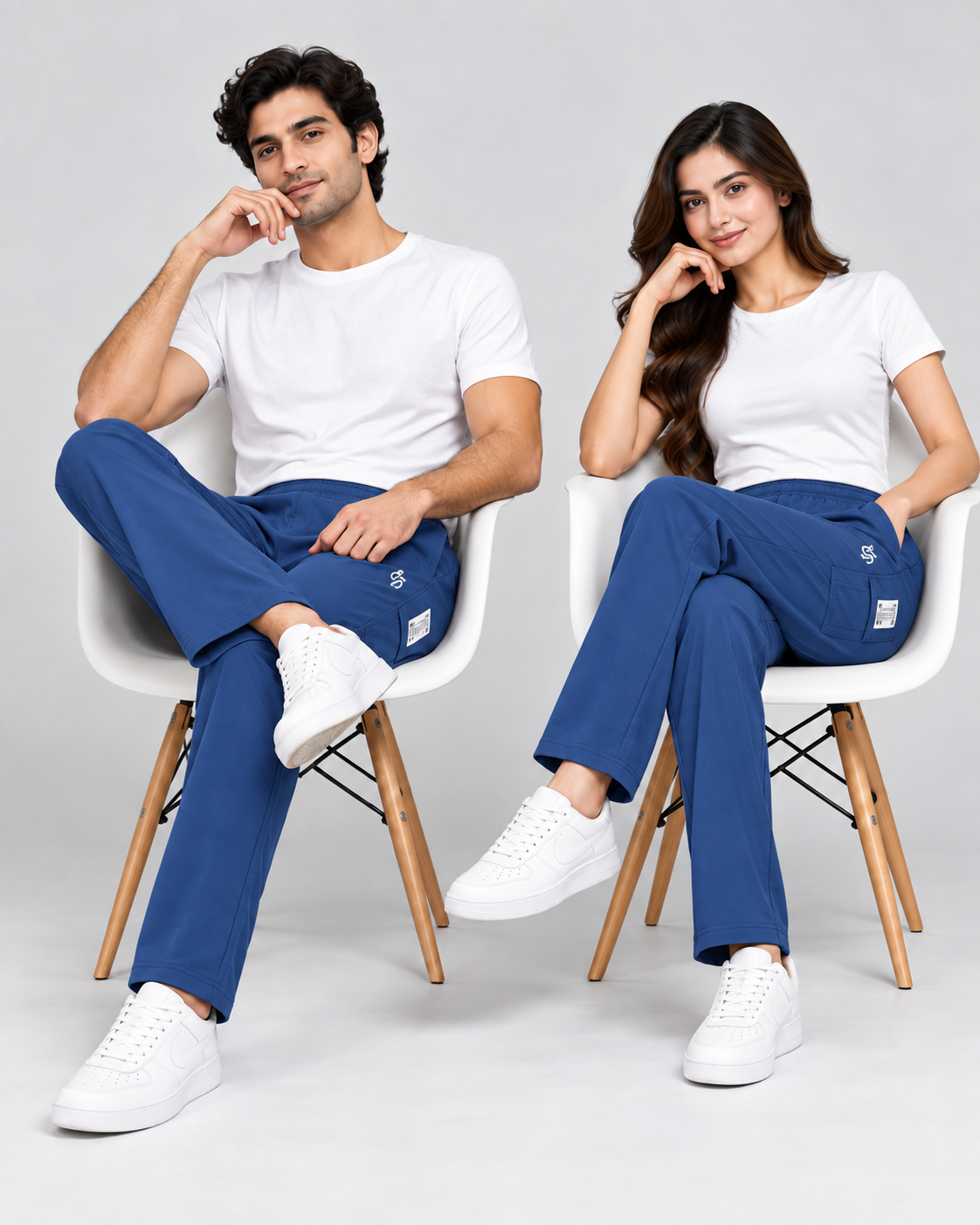 Seated male and female models styling the blue track pants in a casual sporty look