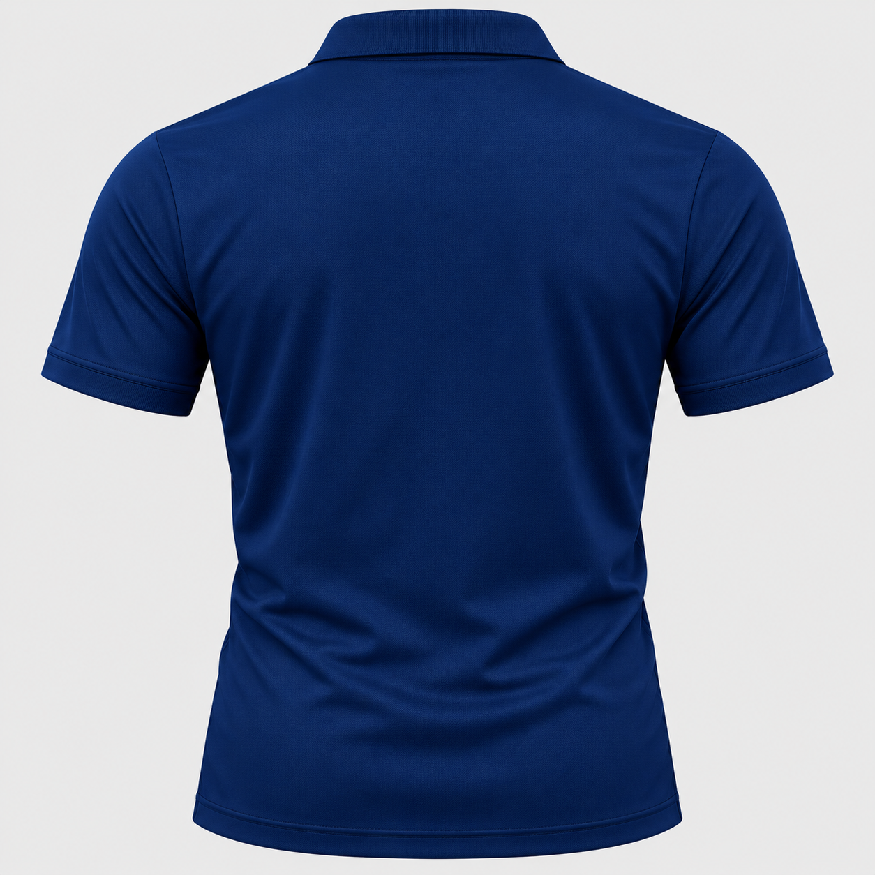 Back view of the polo showing a solid navy rear panel with short sleeves and collar