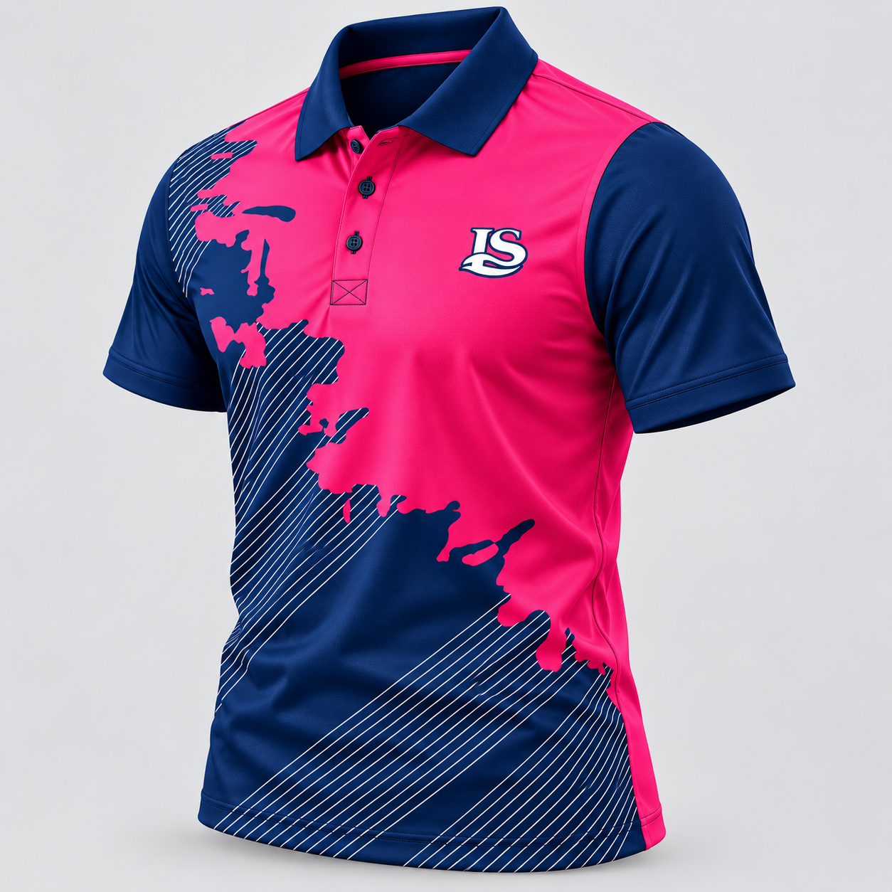 Angled front view highlighting the contrast navy sleeves, collar, and abstract striped print
