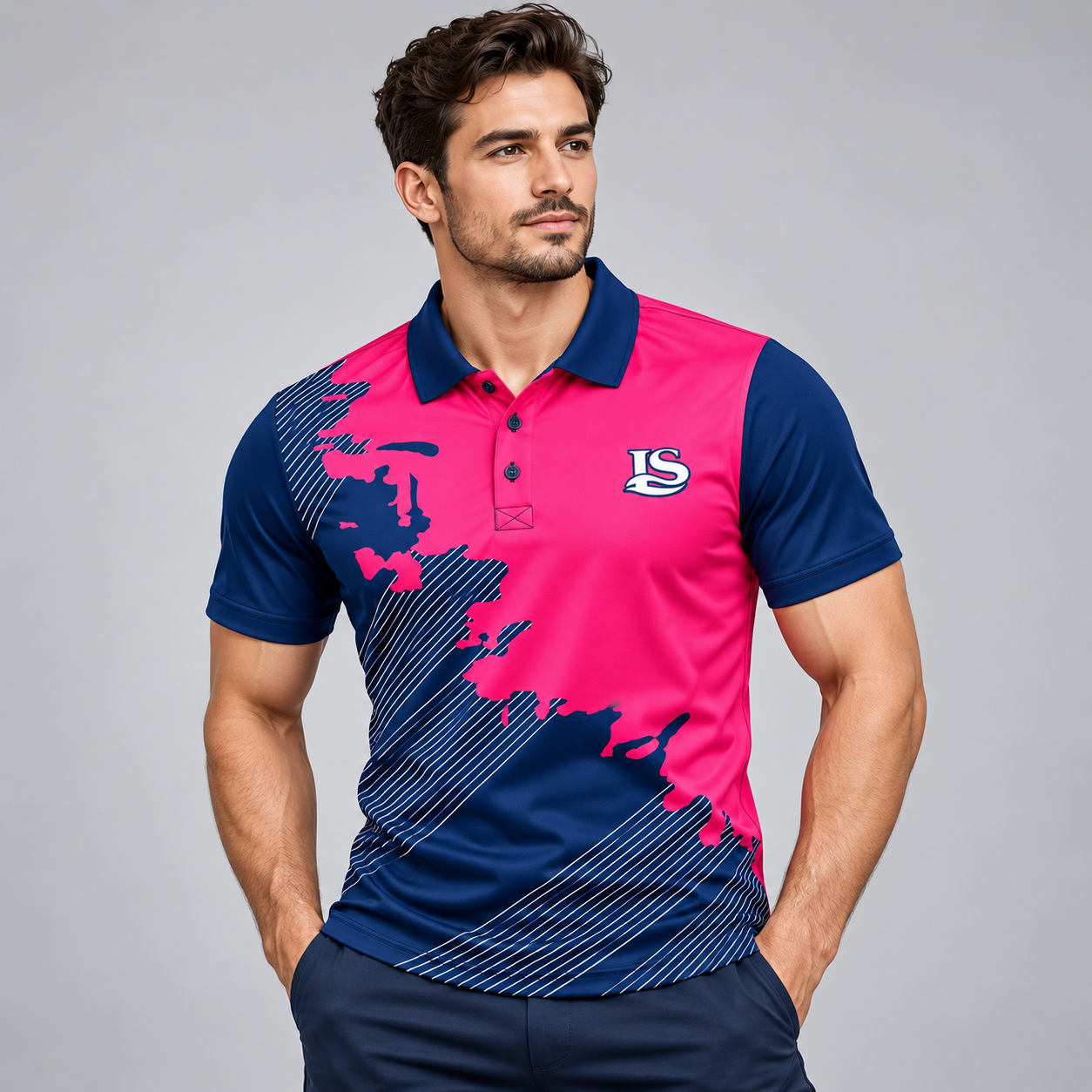 Model wearing the fitted polo tee, showing the overall look and slim sporty silhouette