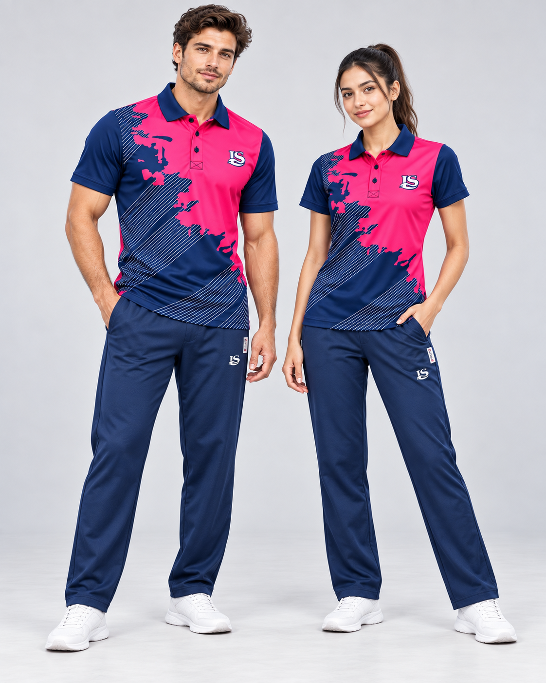 Men's and women's matching pink and navy polo sets with navy track pants and white sneakers