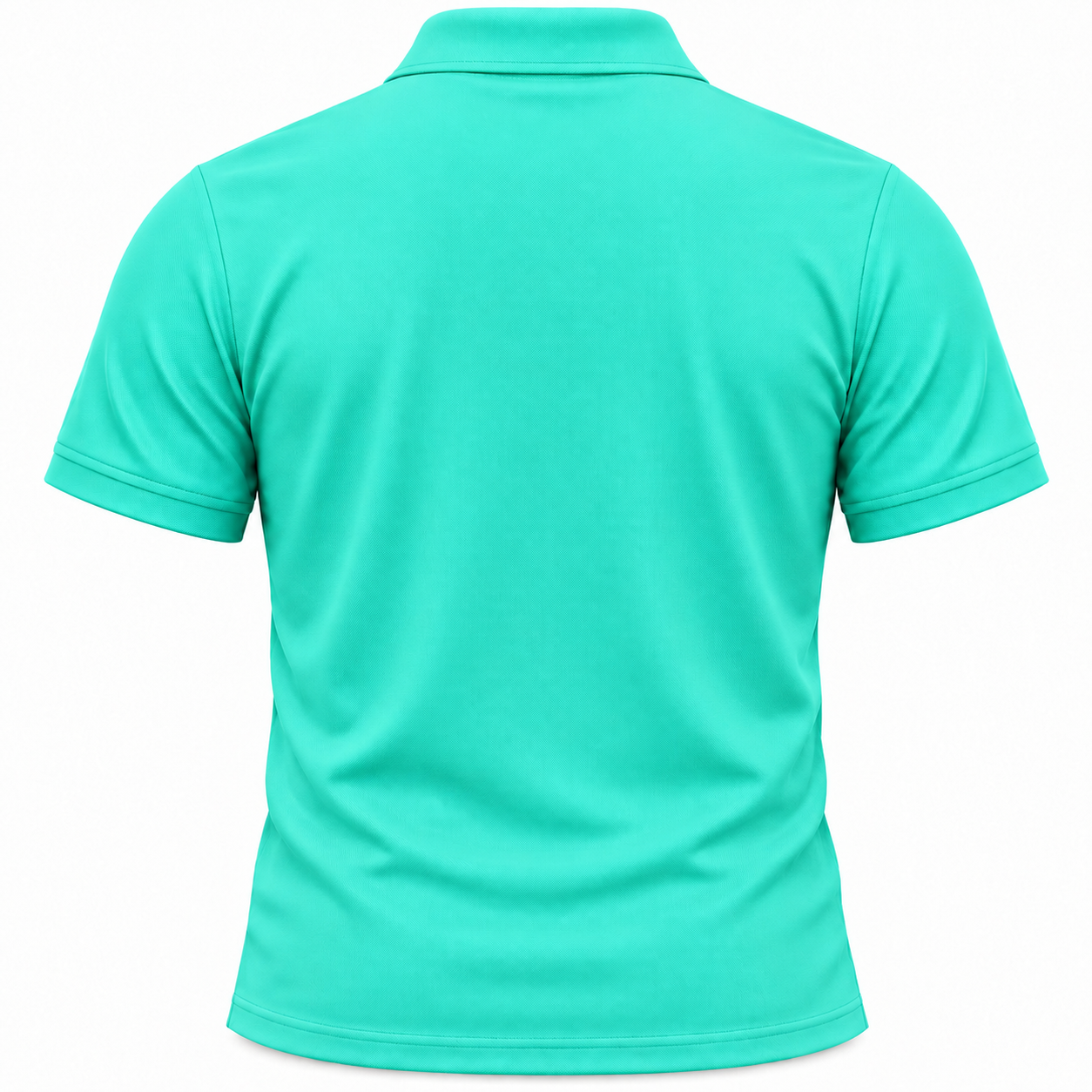 Back view showing plain aqua fabric with short sleeves and classic polo collar