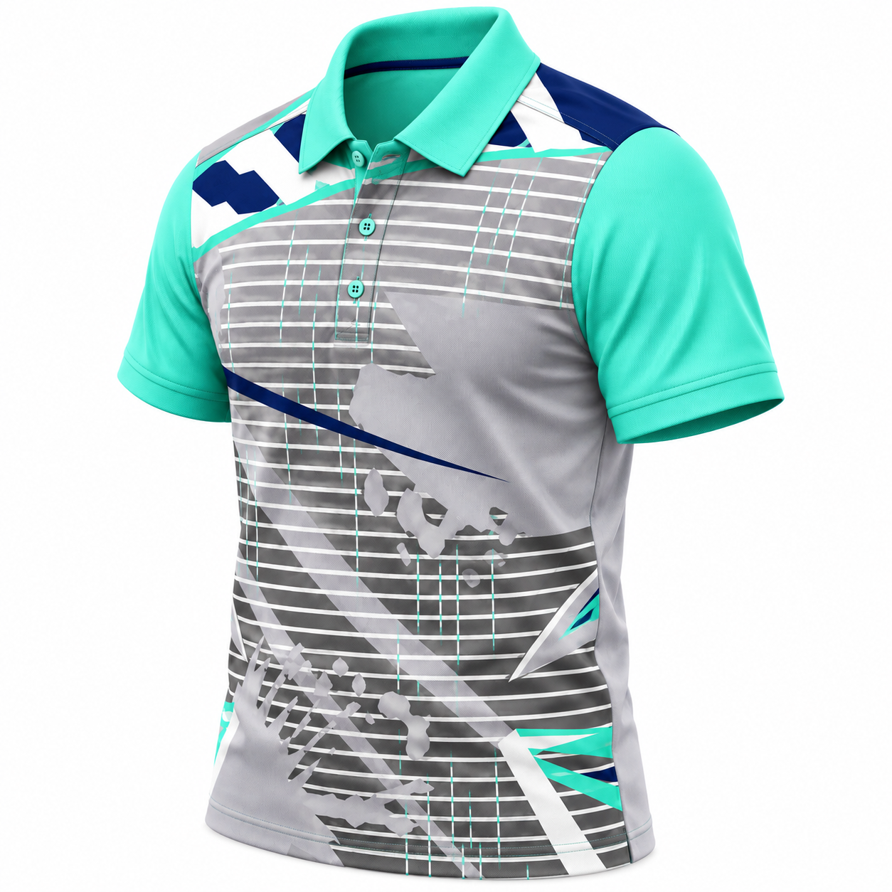 Angled front-left view highlighting side fit, abstract panel print and navy shoulder detail