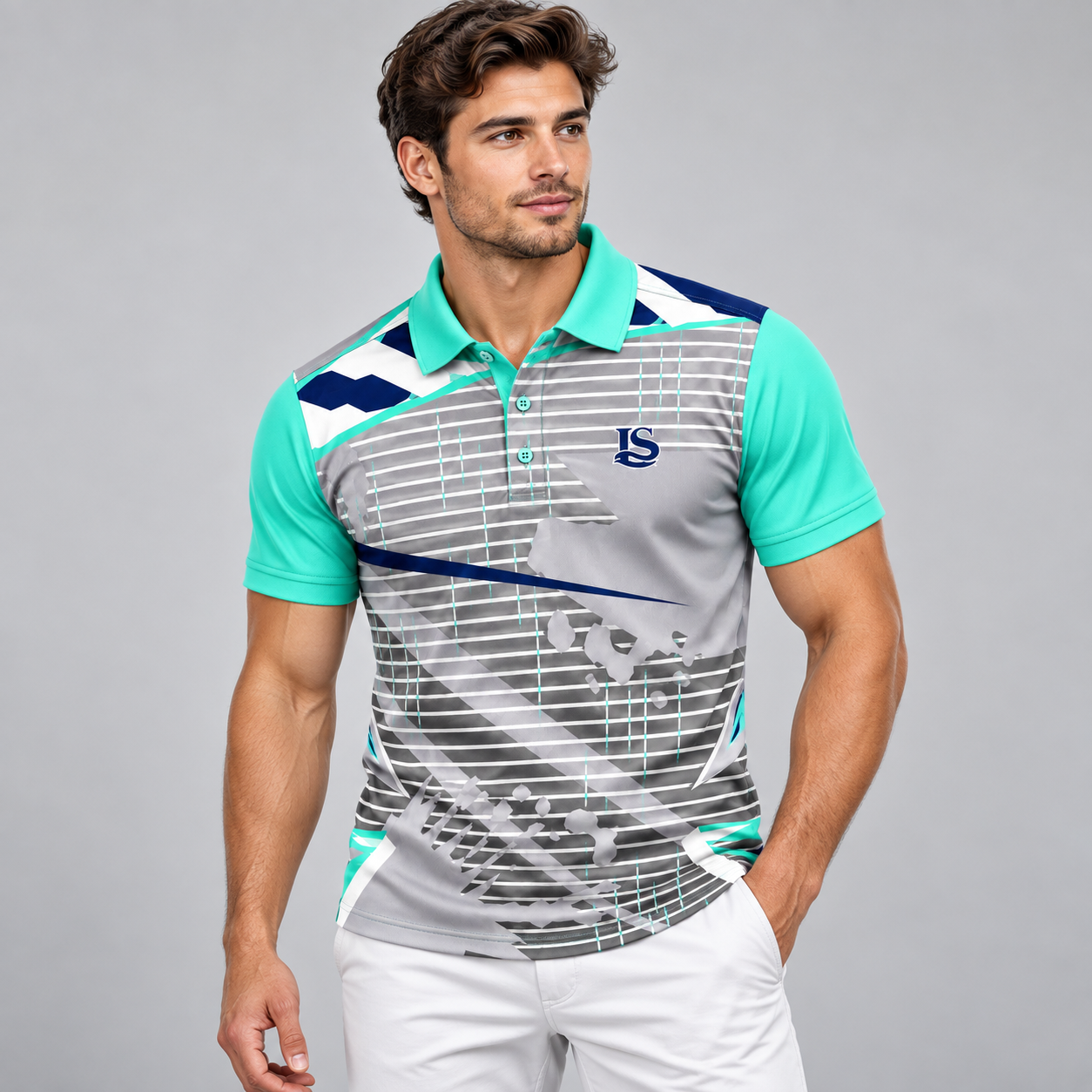 Men's styling view of the printed aqua polo paired with white trousers