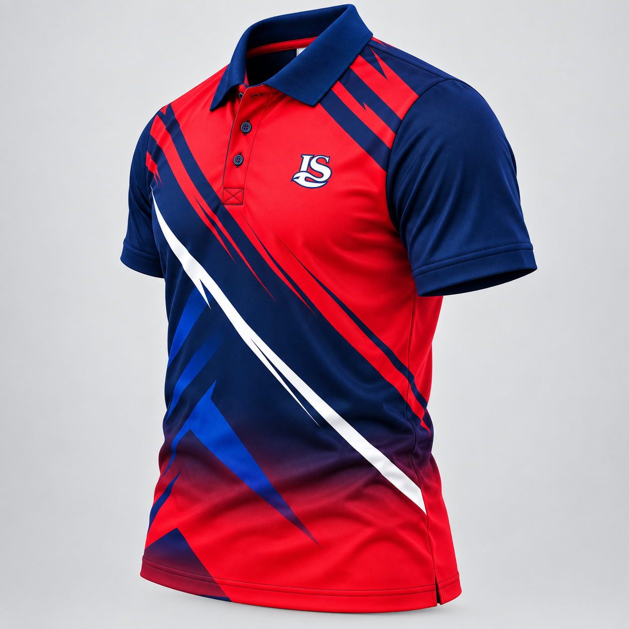 Angled front view highlighting the collared neckline, button placket, and bold diagonal stripe design