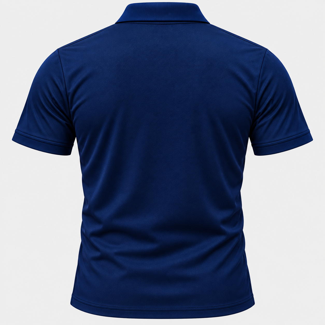 Back view of the polo shirt in solid navy with short sleeves and classic collar