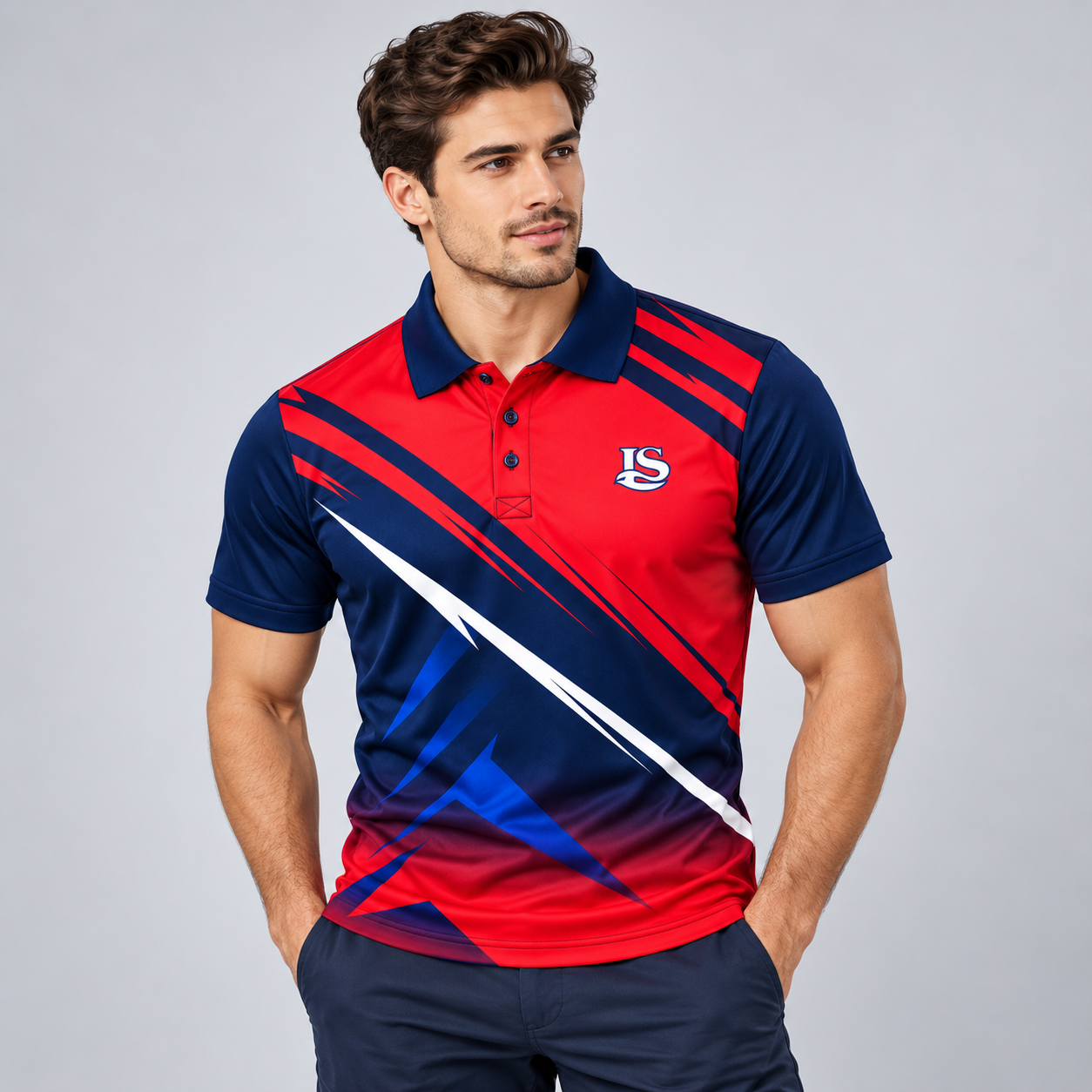 Men's fit view showing the graphic polo worn with dark trousers from the front