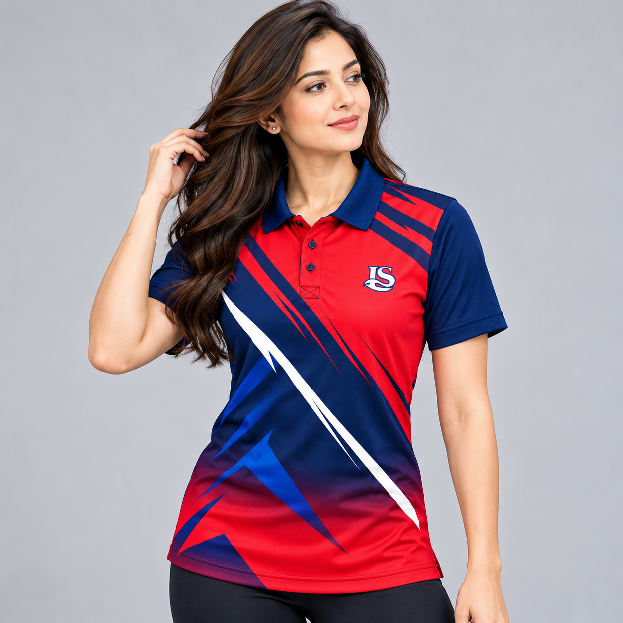 Women's fit view of the same polo shirt showing the front graphic and short-sleeve silhouette