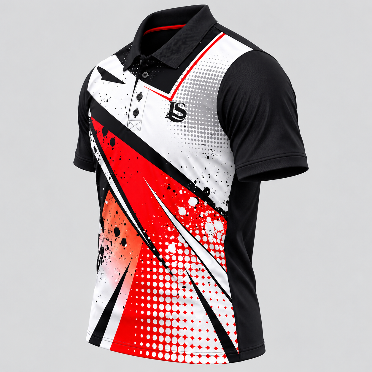 Angled front-left view showing the collared neck, short sleeve and dotted graphic panel